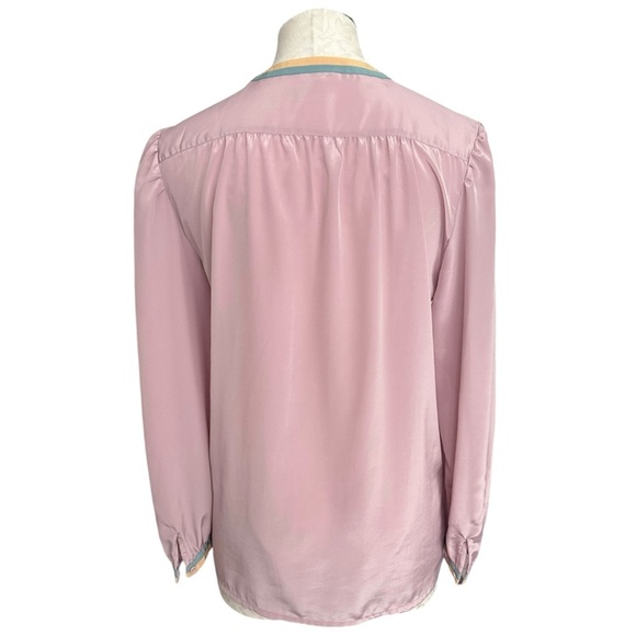 Vintage Karoline 1970's Blouse Mauve Asymetrical Pleats Green Gold Trim Fits M - Picture 3 of 11